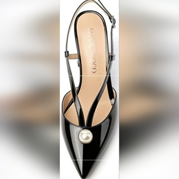 Modencoco Black Patent Leather Pointed Toe Low Block Heel w Pearl Accent Sz:8.5 - Picture 10 of 10